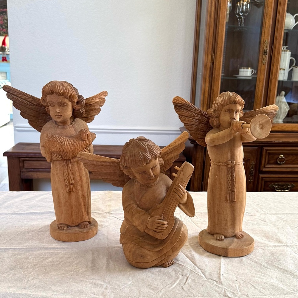 3 Vintage, hand crafted wood angels - sheep, trumpet/ mandolin statues a…